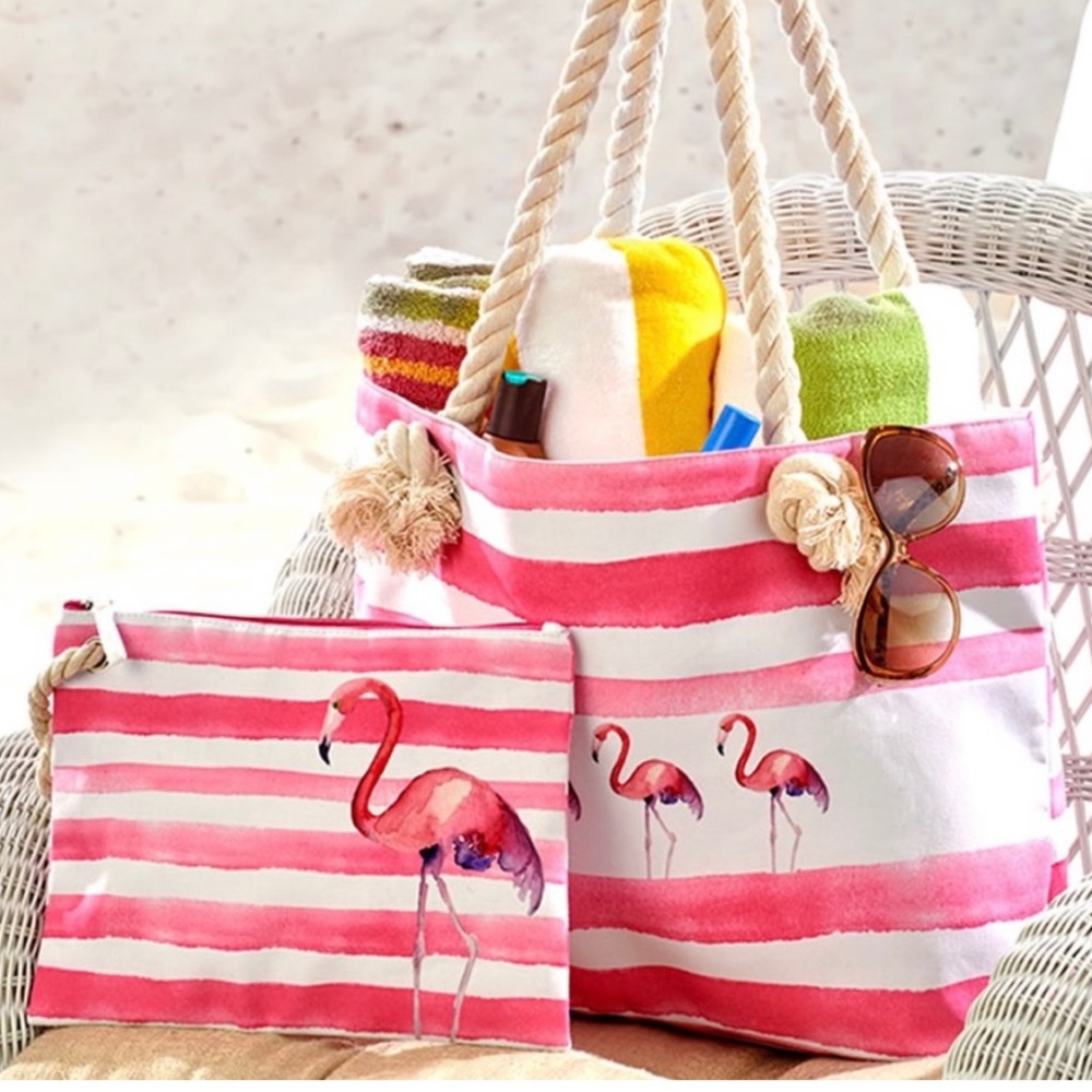 New 2 piece rope handle tote set flamingo style